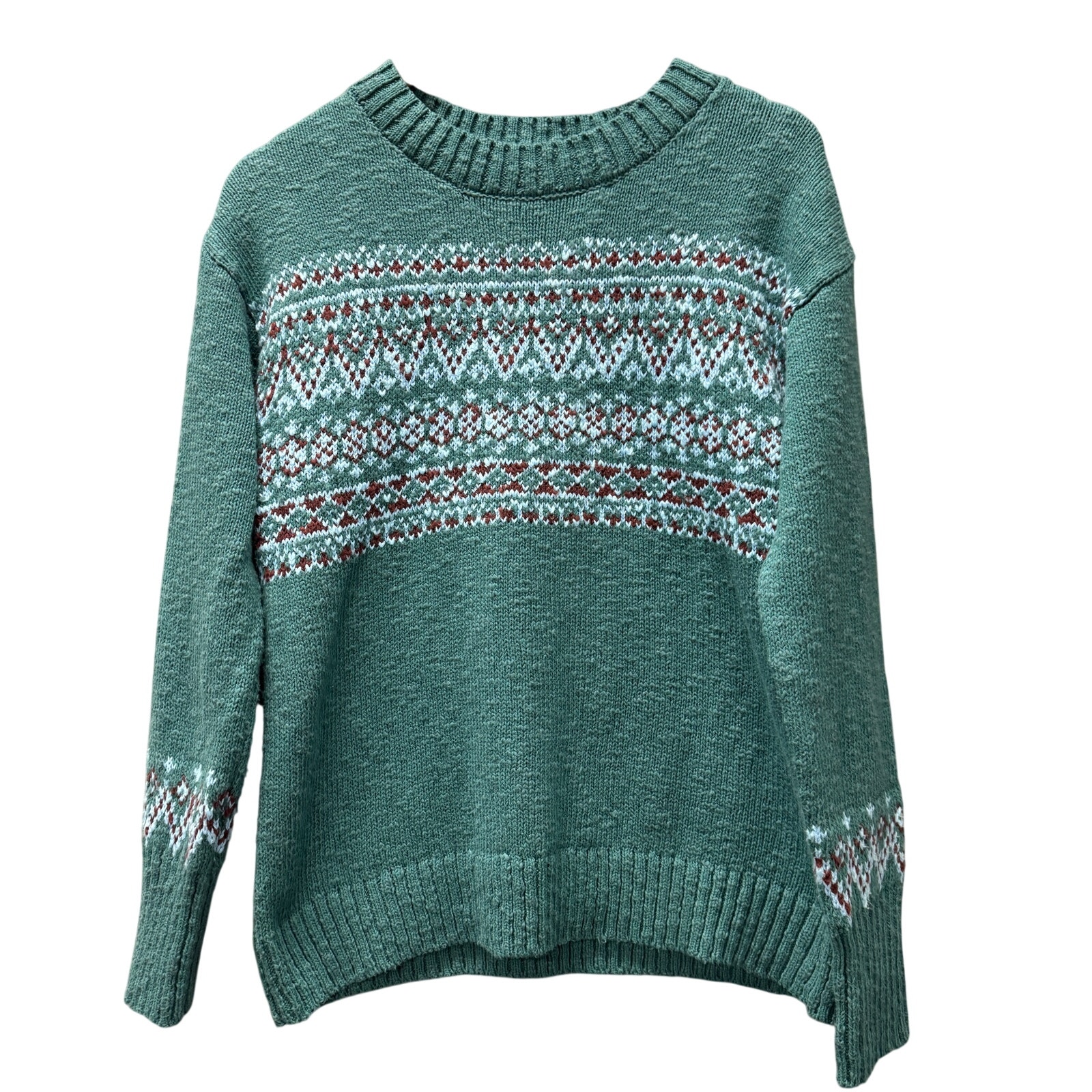 Ll Bean Sweater Cotton Ragg Crewneck Teal Fair Isle Womens Medium M Knit